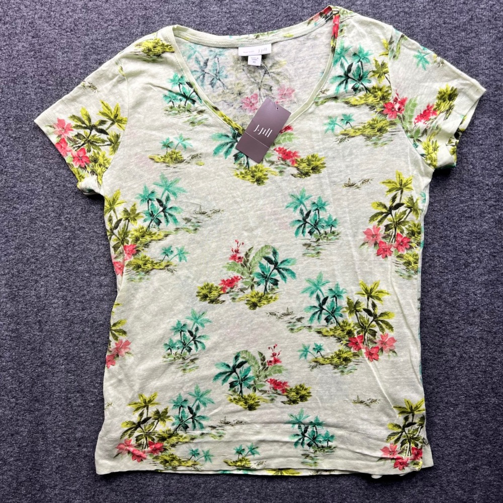 J. Jill T-Shirt Womens XS Green Linen Tropical Palm Tree Floral V-Neck 063251